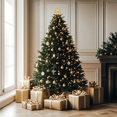 Elegant christmas tree with gifts in a classic interior.