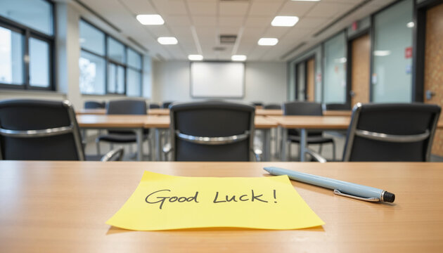 Minimalist desk scene with "Good Luck!" sticky note and pen, modern exam hall with bright lighting