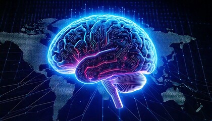 A glowing futuristic AI brain made of interconnected circuits and data nodes, hovering above a dark digital grid world map. Bright neon lights in blue and purple tones radiate from the brain