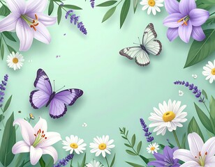 Pastel Floral Arrangement with Butterflies Lilies Daisies and Lavender on Mint Green