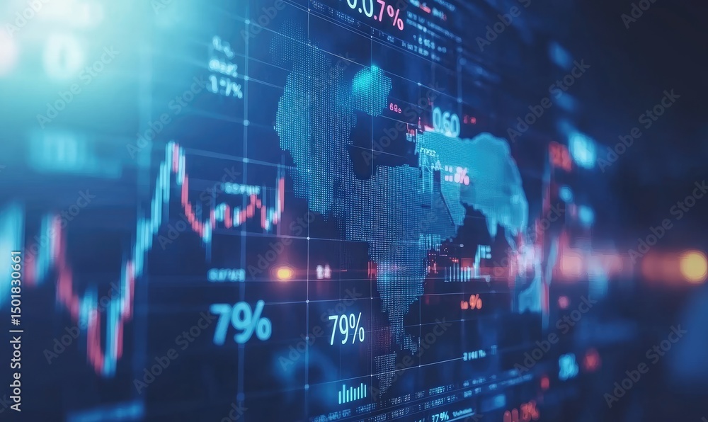 Poster global financial data displayed on a digital interface, showing world map overlaid with stock market