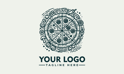 Ornate artistic pizza illustration divided into slices with decorative toppings and circular symmetry. Food concept
