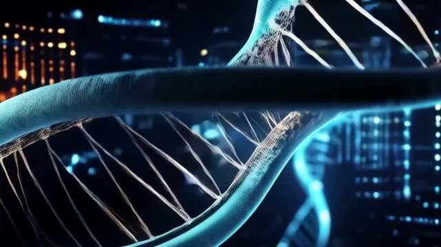 Digitale DNA-Helix mit leuchtenden Str&auml;ngen auf futuristischem Hintergrund
