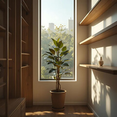 natural light, potted plant, wooden shelves, minimalist interior,