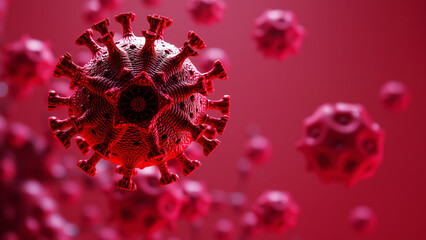 Close-up of red coronavirus particles on blurred background