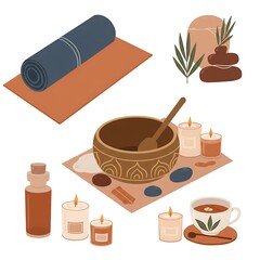 Wellness spa day yoga meditation aromatherapy candles tea singing bowl relaxation zen lifestyle