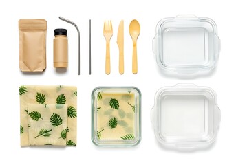 Zero waste lunch kit with glass containers reusable bags and beeswax wraps for sustainable lifestyle