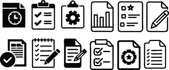 Documents and Checklists: A clean and professional collection of icons representing essential office documents and checklists, ready to convey the message with their simplicity