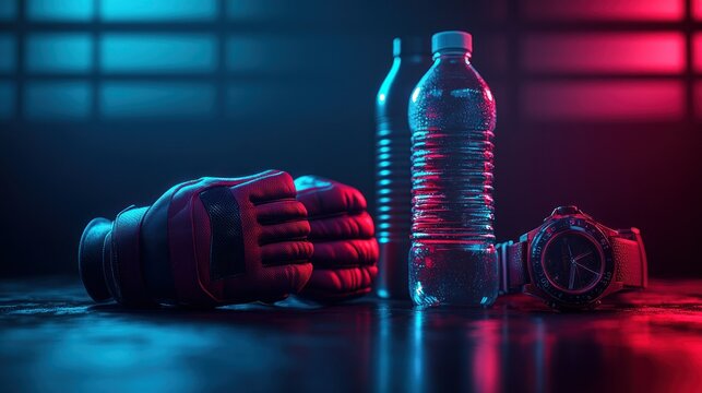 Boxing gear, water bottles, watch on dark surface