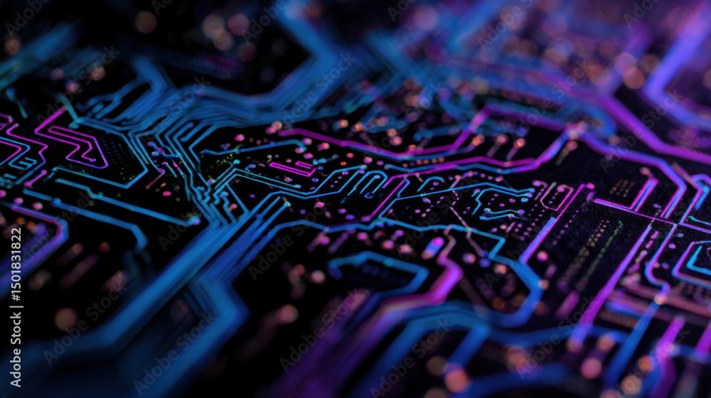 Poster abstract macro shot of a futuristic circuit board with blue and pink traces and glowing points for t
