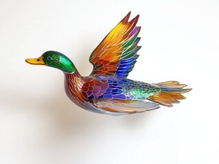 Obraz premium Colorful Mallard Duck in Flight Artistic Close Up Against White Background Decorative Bird Sculpture Bright Colors