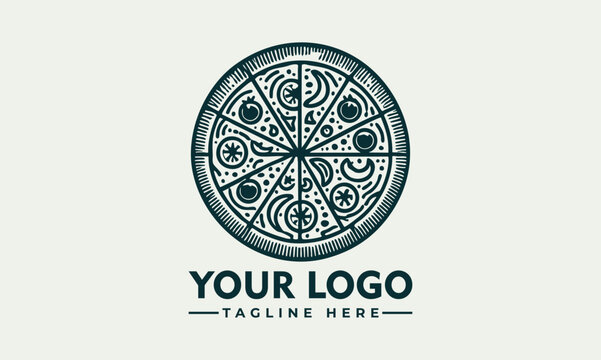 Ornate artistic pizza illustration divided into slices with decorative toppings and circular symmetry. Food concept
