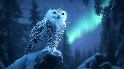 Majestic snowy owl perched on a snow-covered stump at night.
