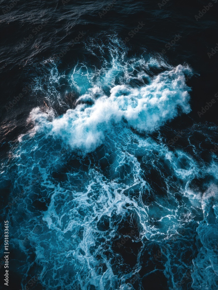 Poster aerial view of ocean waves crashing with white foam and turquoise water in abstract patterns dark bl