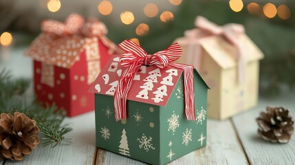 Festive gift boxes in the shape of houses.