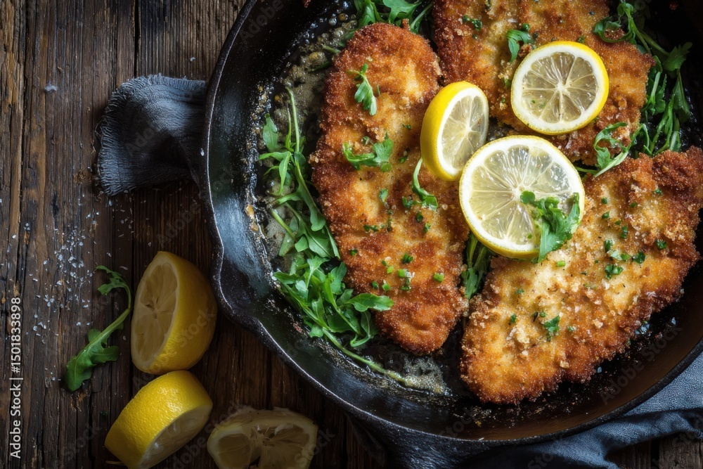 Poster crispy chicken cutlets cooking in cast iron pan with lemon slices and arugula rustic overhead view d