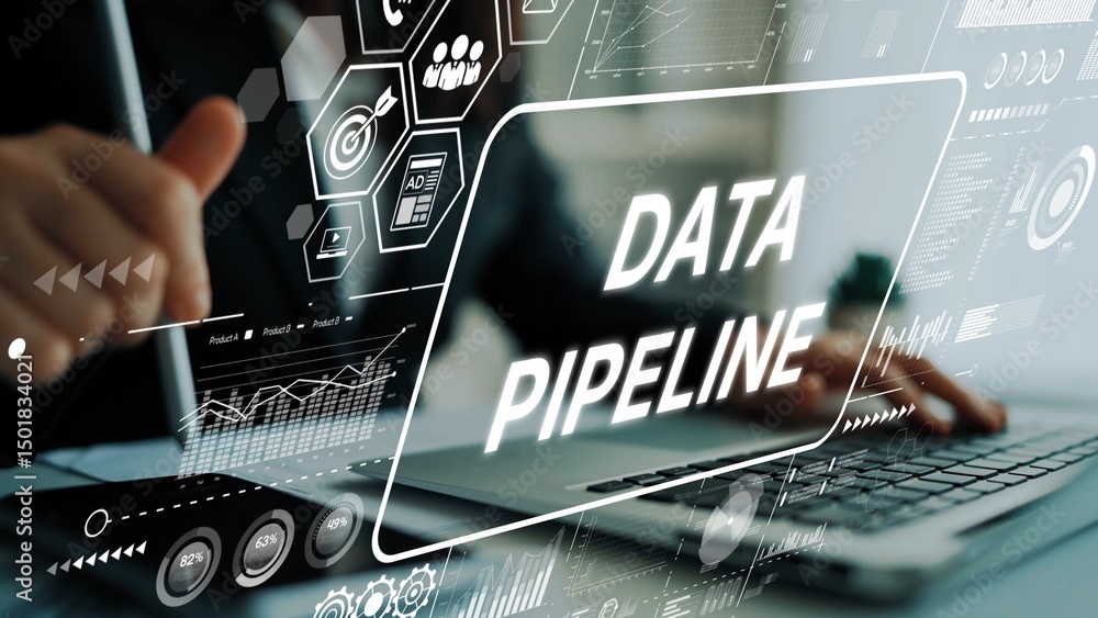 Poster business professional working on laptop with data pipeline technology and analytics graphics in mode