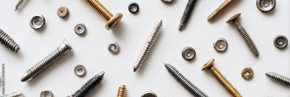 Poster flatlay of construction fasteners including screws and washers on a white desk with an open margin f