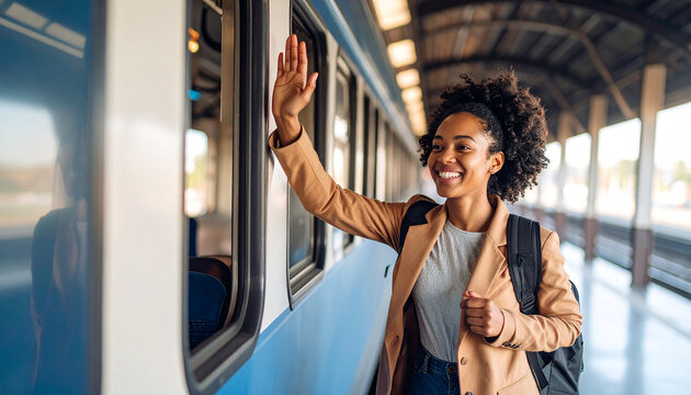 A Fond Farewell at the Station: A smiling woman waves from a train as it departs, her backpack suggesting travel, framed by the architecture of the train station. 