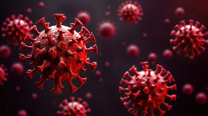Close-up of red coronavirus particles with spiked protein structures