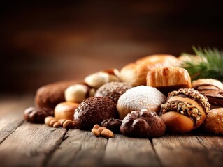 Assorted sweet pastries and cookies on rustic wood table, close-up studio shot, holiday season treats, warm light