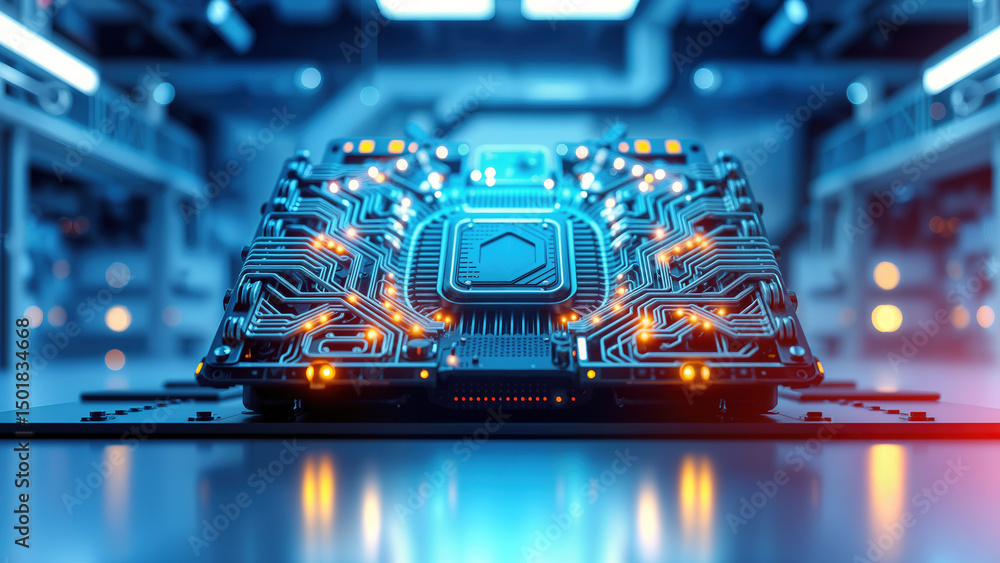 Poster futuristic circuit board with glowing microchip in high-tech environment