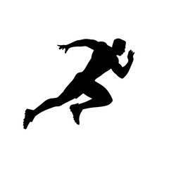 Silhouette of a male athlete in mid-stride sprinting pose, captured in full motion, symbolizing speed, strength, and determination, isolated on a white background.