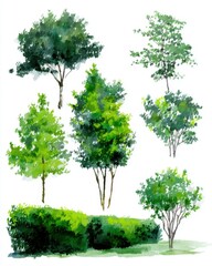Fototapeta premium Watercolor Painting of Various Trees and Bushes on White Background Artistic Botanical Illustration