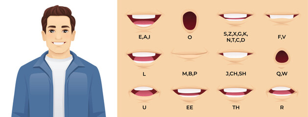 Fototapeta na wymiar Handsome man character mouth animation set. Vector illustration of male lips collection with sound pronunciation. 