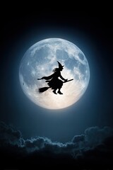 Silhouette of flying witch on broomstick against full moon in night sky with dark clouds and eerie glow
