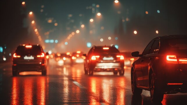 Cars driving on wet road at night with tail lights glowing in city traffic blurred background urban scene transportation