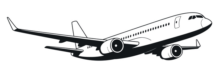 Black and White Illustration of a Passenger Airplane Taking Off
