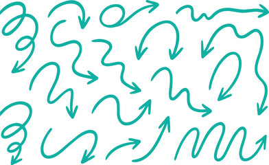  Pencil arrow doodles set - hand drawn swirls, curved lines, chaotic pointers. Chalk sketches, artistic design elements pack. Grunge style marker scribbles, crayon strokes outline drawings