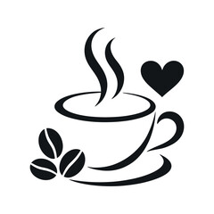 Stylized Coffee Cup Illustration with Heart and Beans for Cafe Menu Design