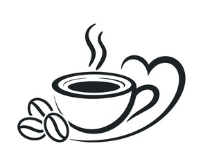 Stylized Coffee Cup Illustration with Steam and Coffee Beans