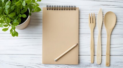 Beige spiral-bound notebook, pencil, plant, and wooden cutlery on a white wooden table.