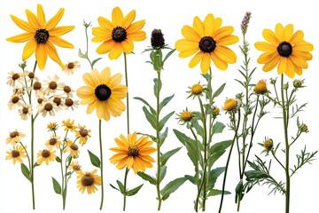 A collection of wild black-eyed Susan flowers, blooms, isolated against a transparent backdrop