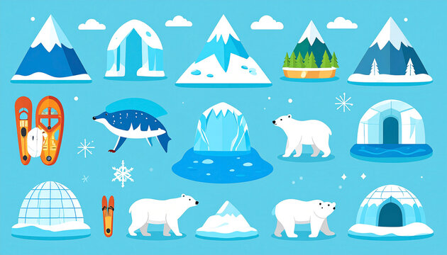 A vibrant collection of arctic and winter icons, featuring snow-capped mountains, icebergs, polar bears, snowshoes, skis, and igloos, all set against a light blue background