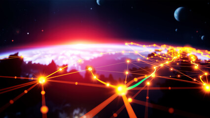 Futuristic network visualization over earth with glowing connections and distant planets