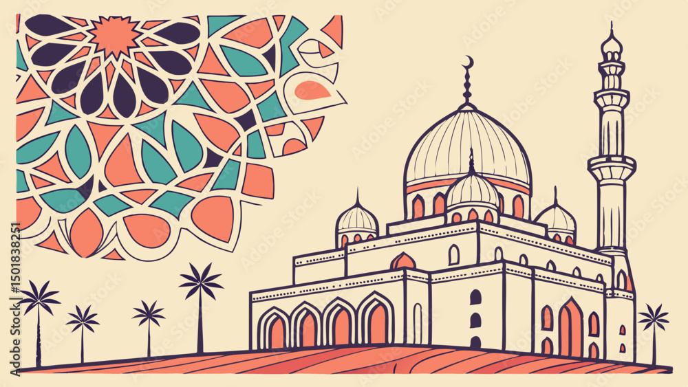 Poster illustration of a mosque with geometric design and palm trees on a beige background scene is visible