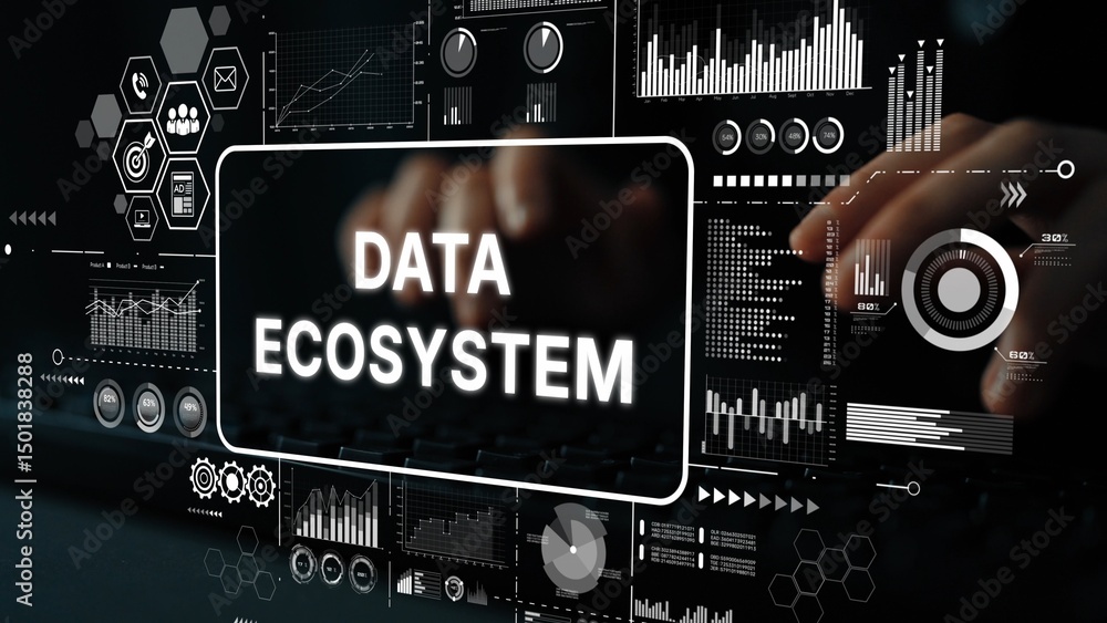 Poster modern data ecosystem visualization with charts, graphs, and digital interface representations for t