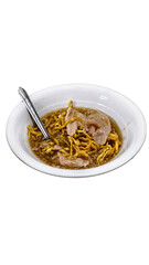 Savory Chicken Noodle Soup with Crispy Fried Noodles in Bowl