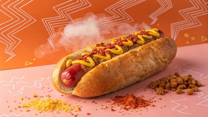 Chili Cheese Hot Dog with Steam, Melted Cheese, and Chili on Red-Orange Background