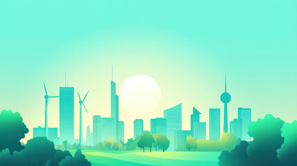 Obraz premium Eco-friendly Cityscape: A vibrant illustration depicts a sustainable cityscape, showcasing skyscrapers, wind turbines, and lush green spaces under a bright sun, promoting environmental consciousness.