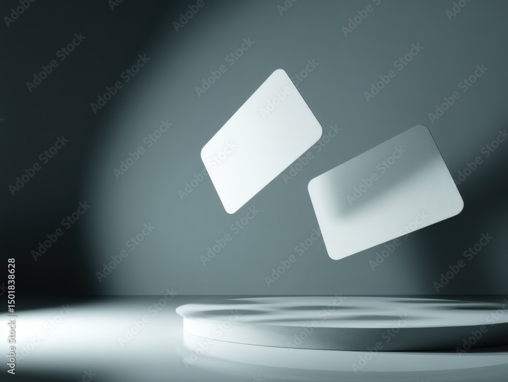 Poster two blank business cards floating above a white platform in a studio setting with soft lighting and 