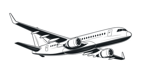 Black and White Illustration of a Passenger Airplane in Flight