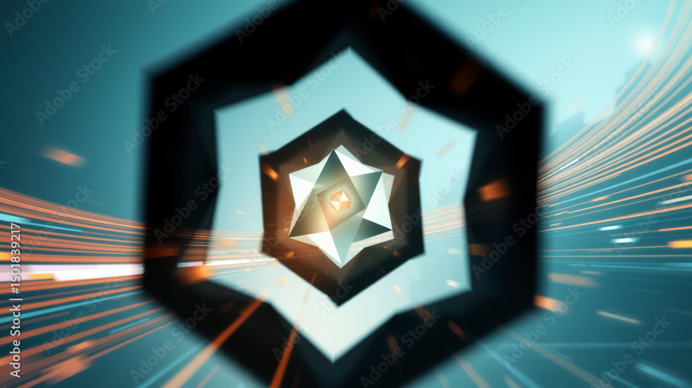 Poster abstract geometric design with illuminated hexagons and motion lines