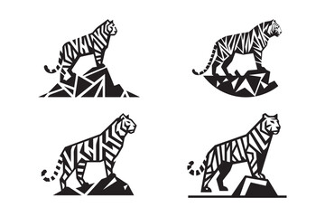 Simplistic tiger standing on a rock geometric silhouettes vector. 