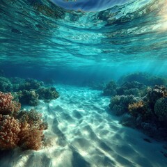 Fototapeta premium Underwater seascape view of coral reef and sandy seabed with sunbeams shining through turquoise ocean water in tropical location