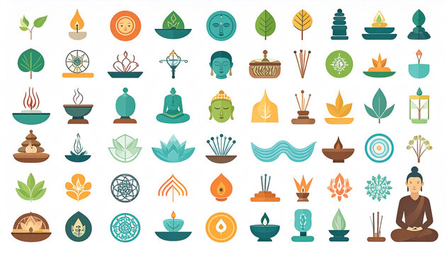 A vibrant collection of flat-design icons depicting Buddhist and spiritual symbols, including lotuses, candles, Buddha statues, and religious architecture